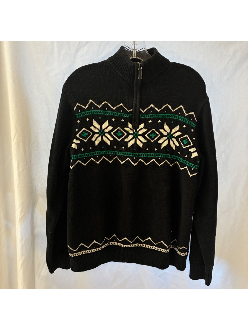 Chaps Winter Lodge 1/4 Zip Pullover Sweater Black Snowflake FairIsle Ski Size M